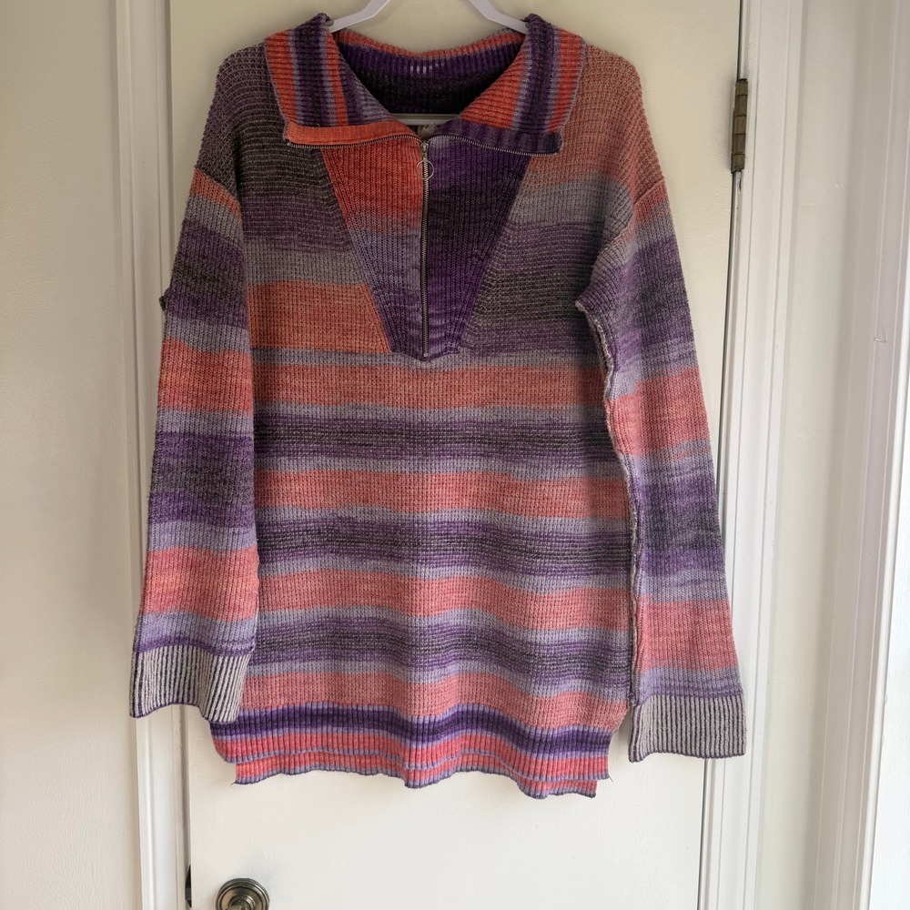 Daily Practice Anthropologie Womens Small Striped Space Dye Quarter Zip Sweater